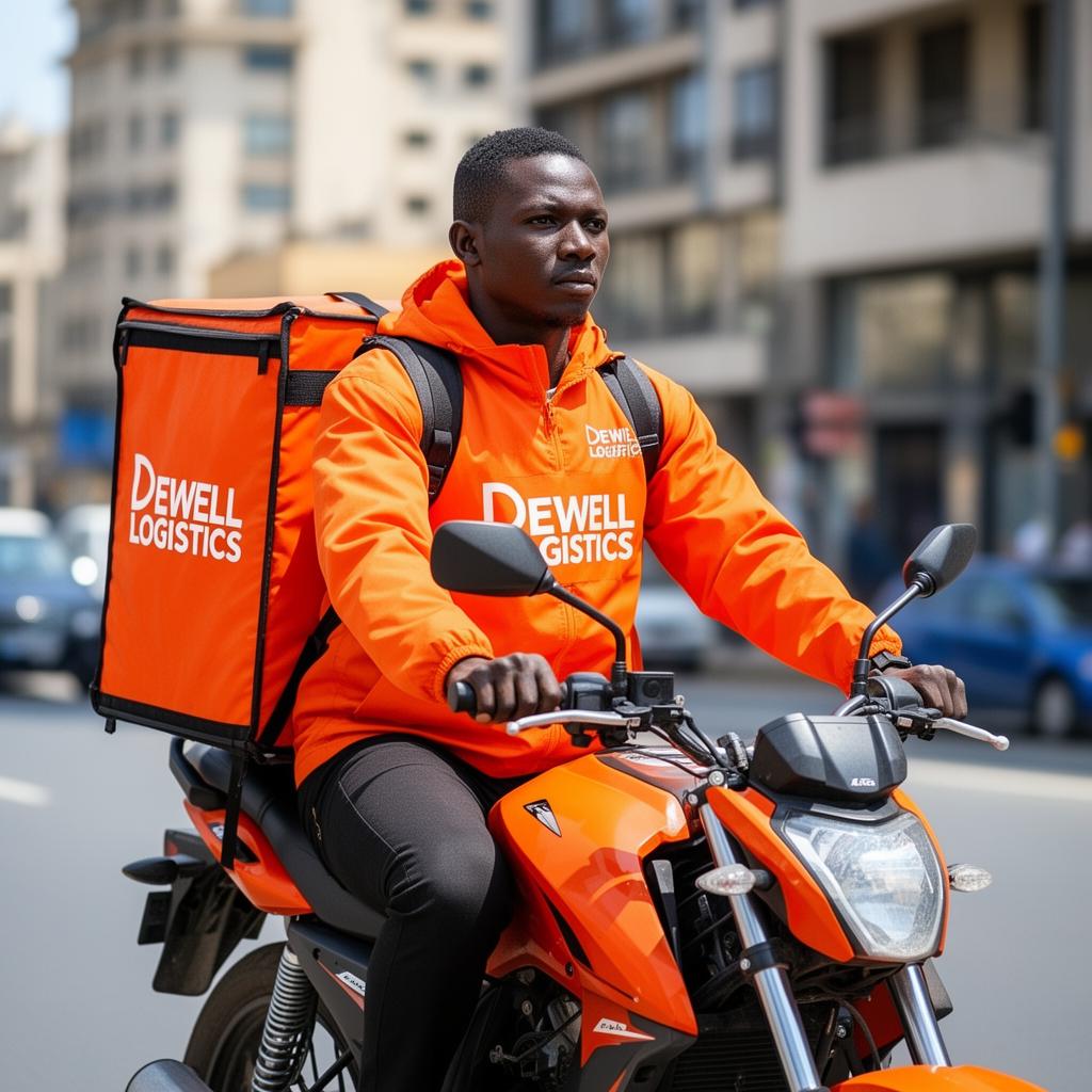 DEWELL LOGISTICS delivery rider in orange branded jacket on an orange motorcycle